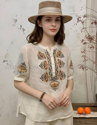 Women Embroidered Linen Blouse Casual Loose Fit Top