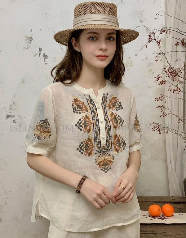 Women Embroidered Linen Blouse Casual Loose Fit Top