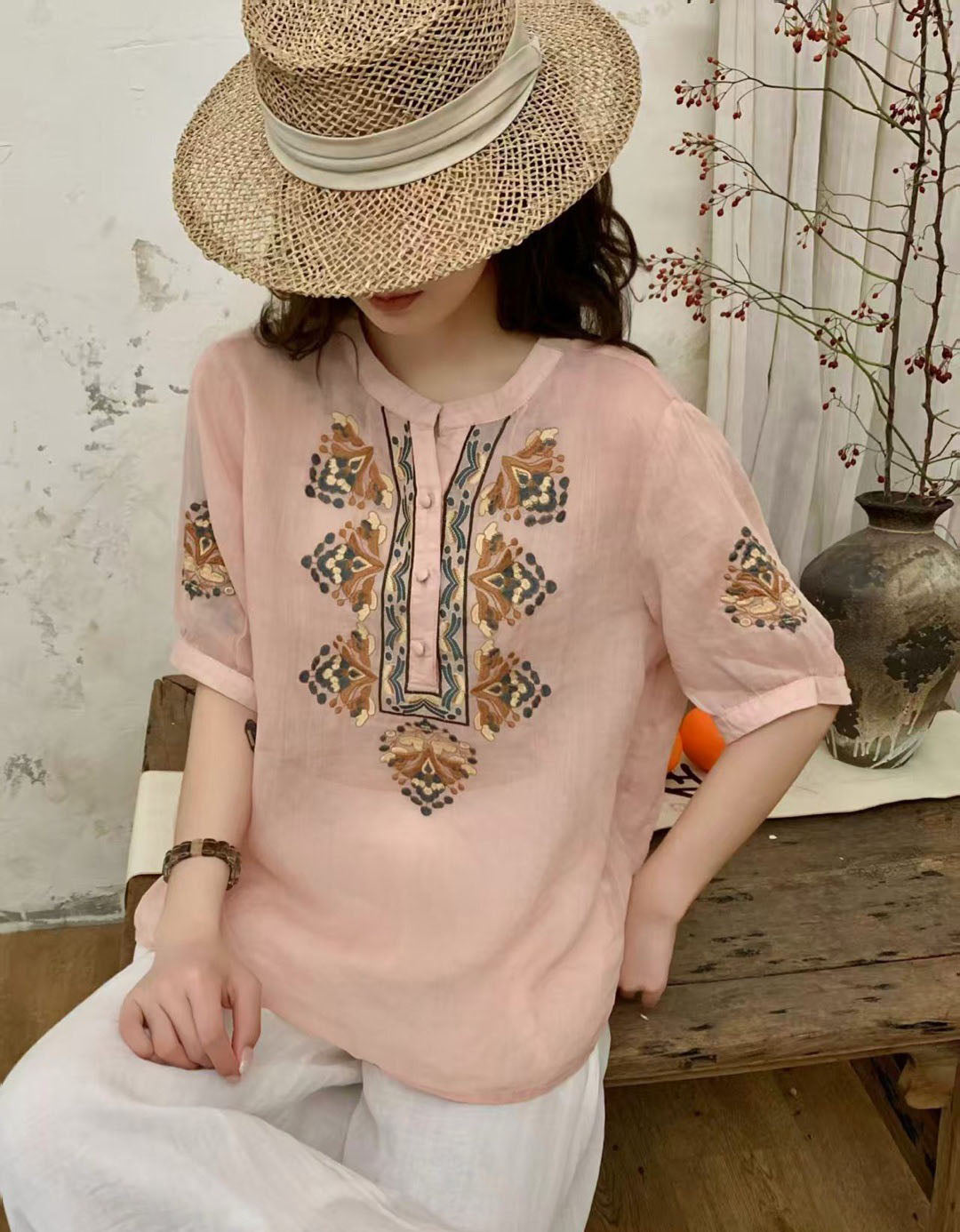 Vintage Embroidered Linen Blouse Short Sleeve Women