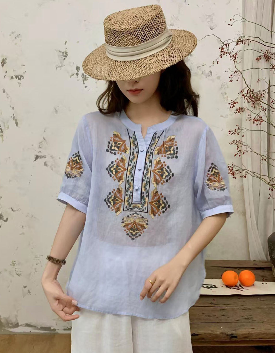 Boho Linen Embroidered Top Loose Summer Blouse Women