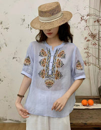 Boho Linen Embroidered Top Loose Summer Blouse Women