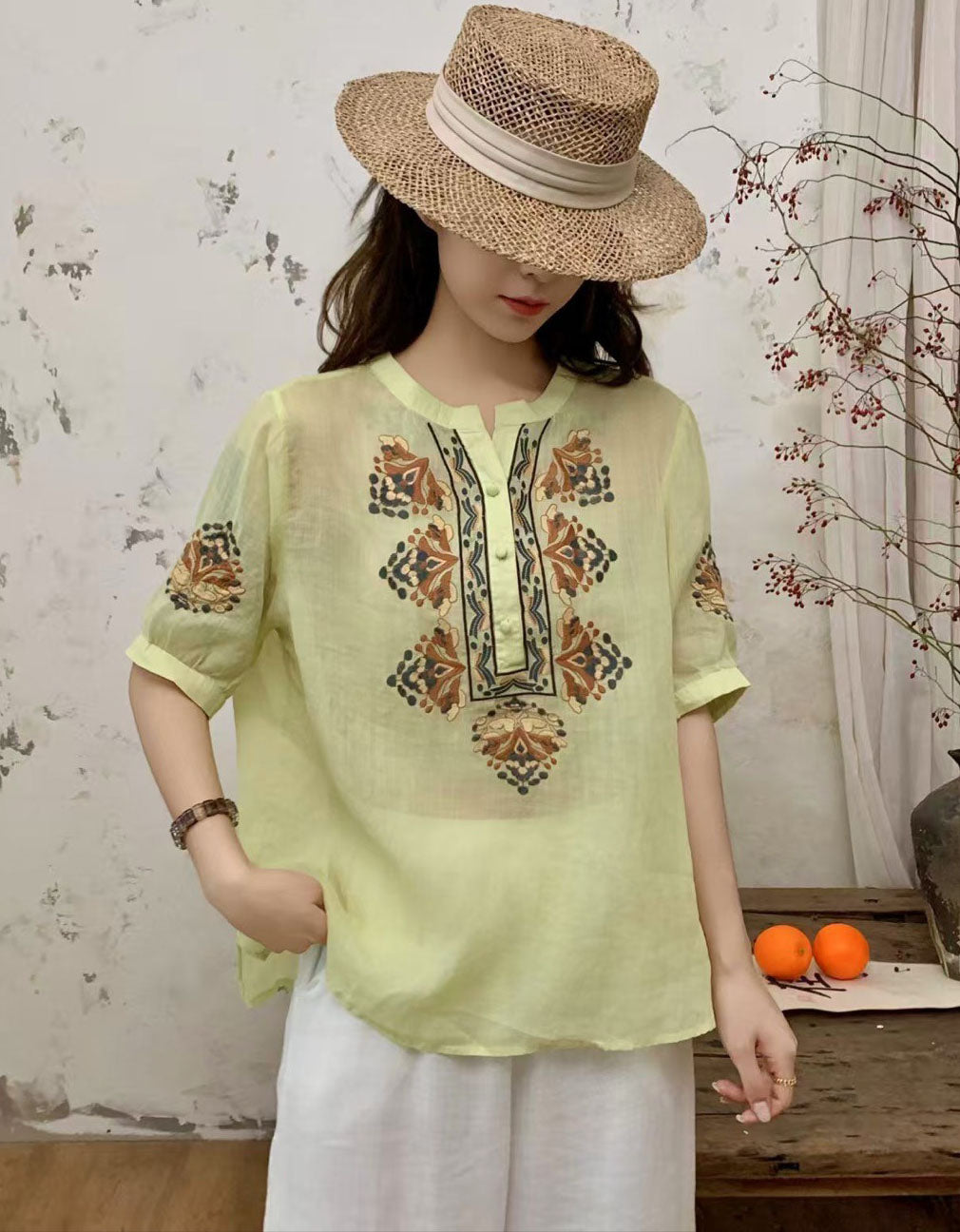 Casual Linen Embroidered Blouse Short Sleeve Women