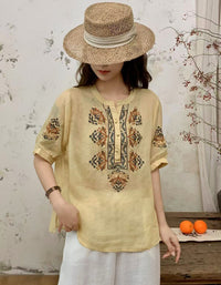 Women Vintage Embroidered Linen Loose Fit Summer Top