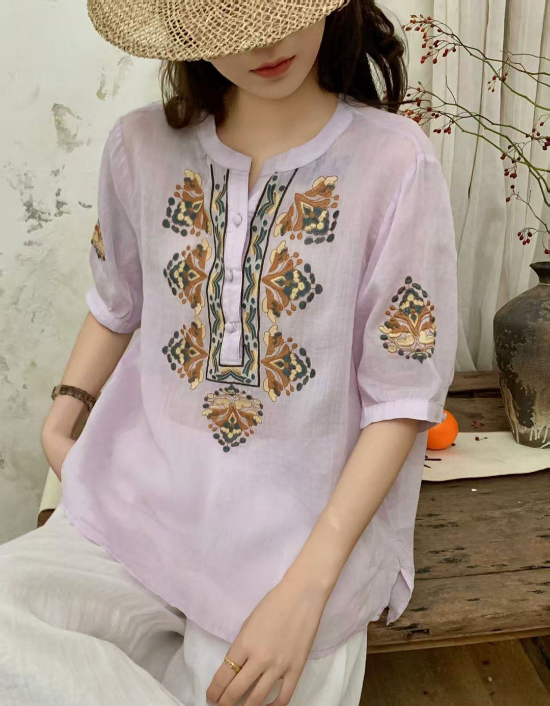 Breathable Linen Embroidered Blouse Casual Women Top
