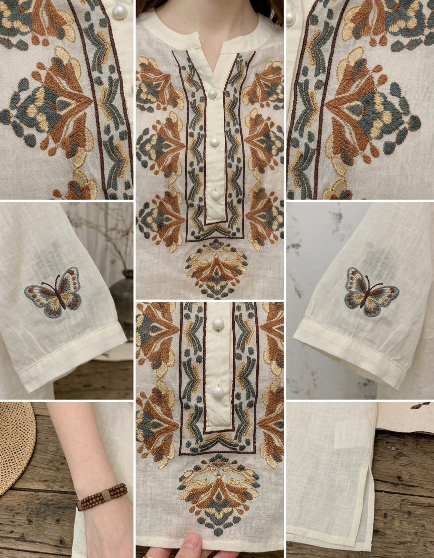 Boho Style Embroidered Linen Blouse Relaxed Fit Top
