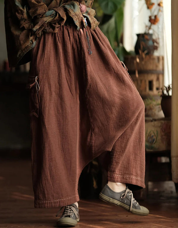 Women Summer Loose Fit Pure Color Cotton Wide-leg Pants
