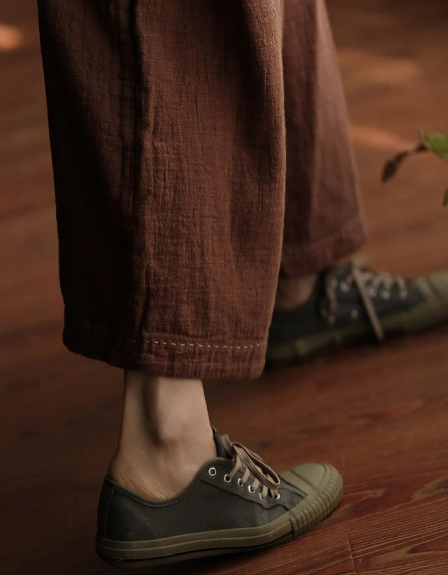 Women Summer Loose Fit Pure Color Cotton Wide-leg Pants