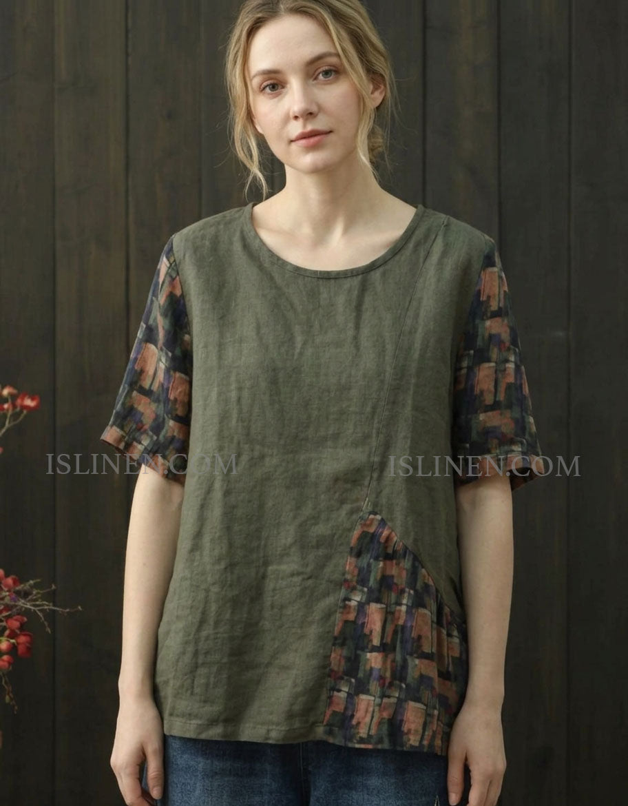 Women’s Linen Patchwork Tunic Top Loose Fit Casual