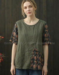 Women’s Linen Patchwork Tunic Top Loose Fit Casual
