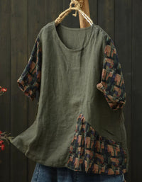 Oversized Patchwork Blouse Cotton Linen Loose Fit Top