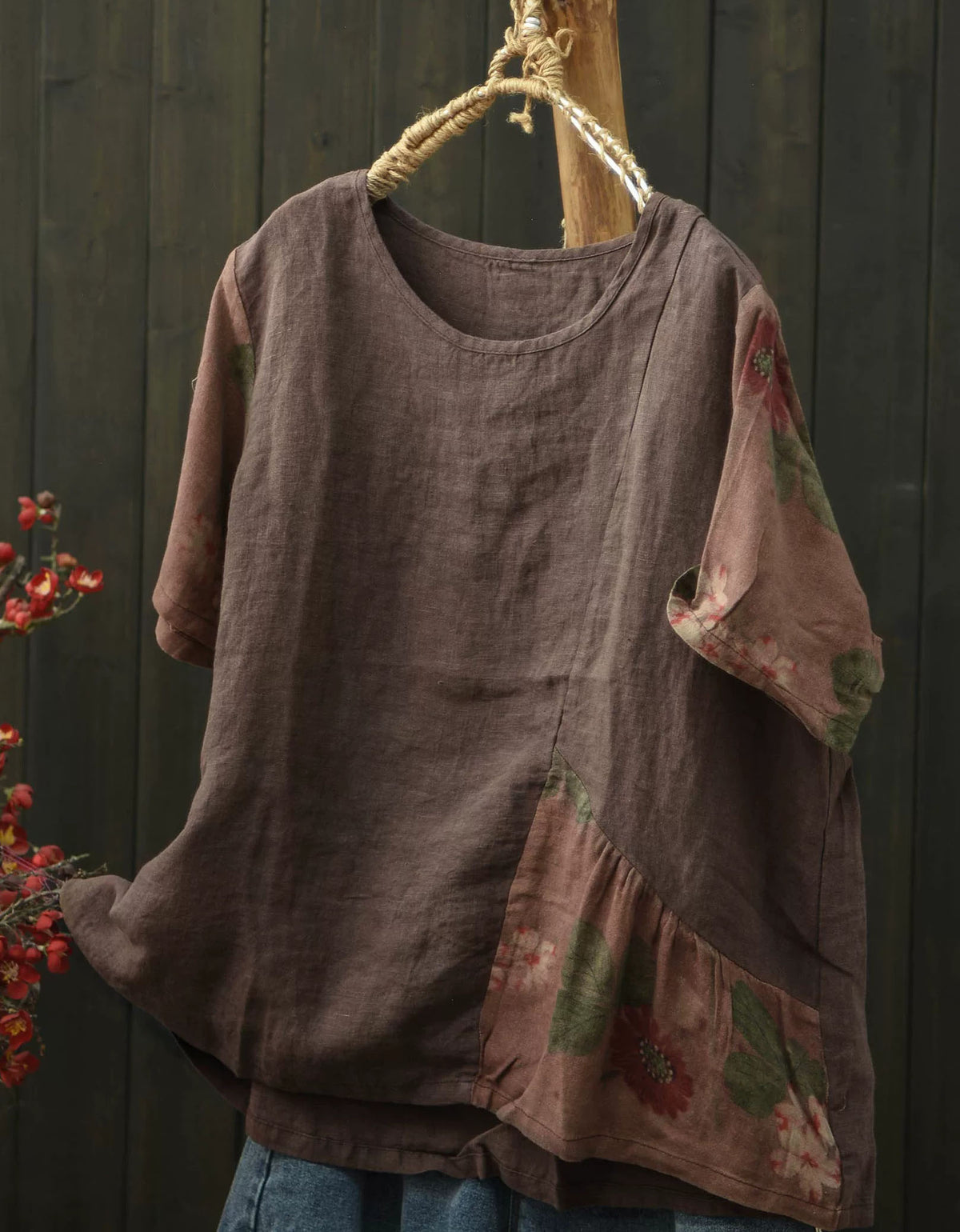 Casual Linen Patchwork Blouse Oversized Relaxed Fit