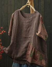 Casual Linen Patchwork Blouse Oversized Relaxed Fit
