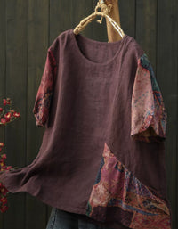 Women’s Breathable Linen Tunic Patchwork Loose Top