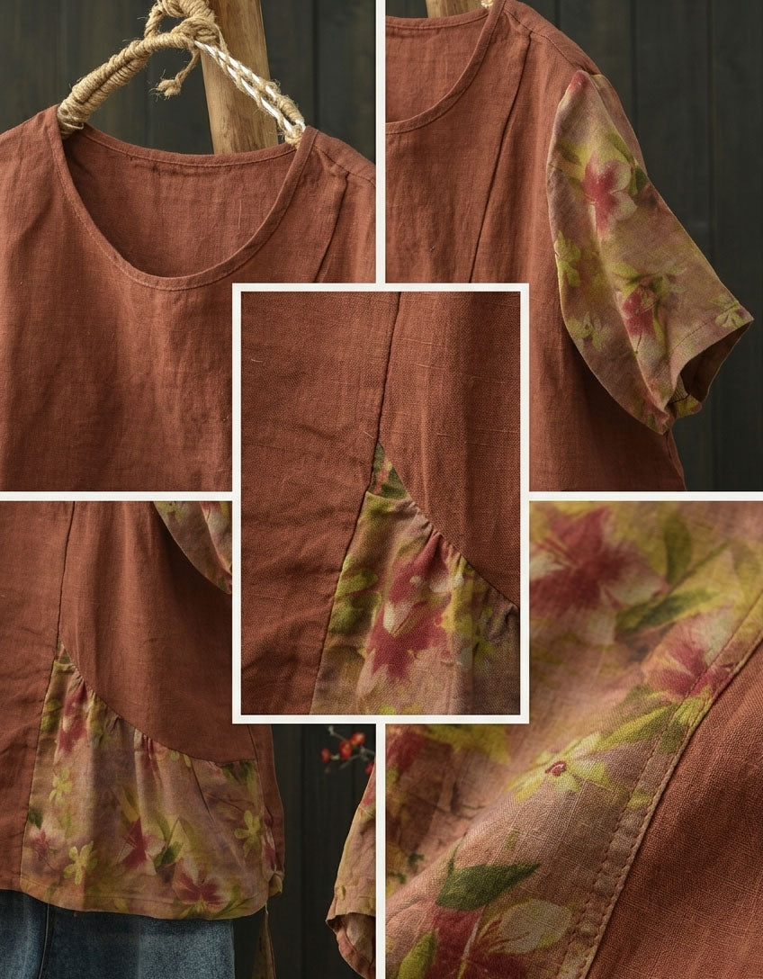 Women’s linen patchwork tunic top loose fit front view