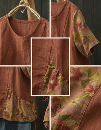 Women’s linen patchwork tunic top loose fit front view