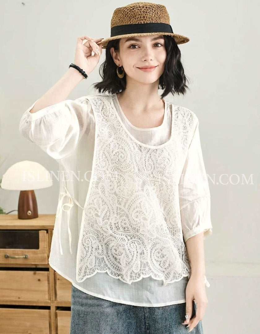 Women's vintage white lace blouse with embroidered overlay and loose fit cotton linen design