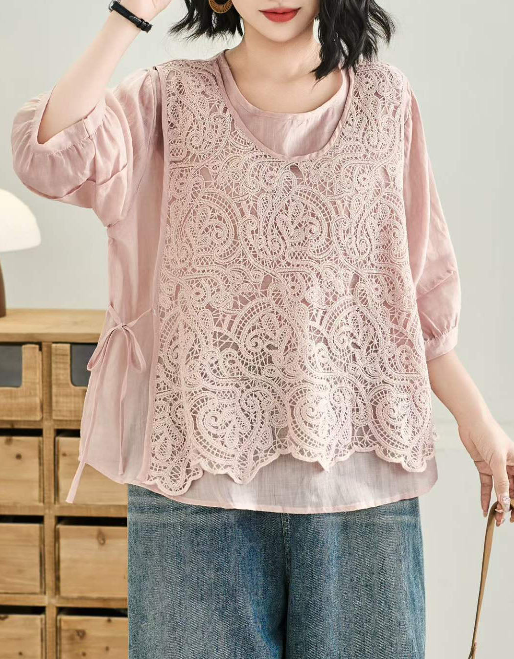 Elegant white embroidered lace blouse for women with breathable cotton linen fabric