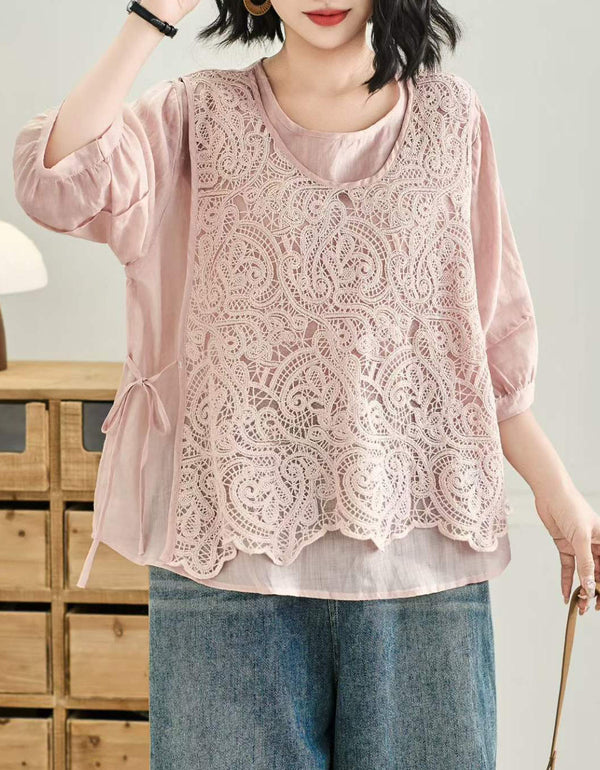 Elegant white embroidered lace blouse for women with breathable cotton linen fabric