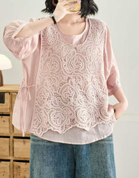 Loose fit embroidered cotton linen top with elegant lace overlay for women