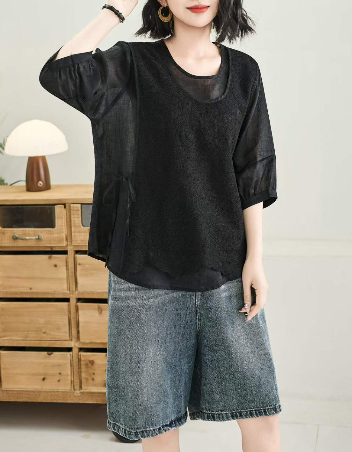 Women's White Lace Cotton Linen Blouse – Vintage Embroidered Loose Fit Boho Top | Elegant Summer Shirt