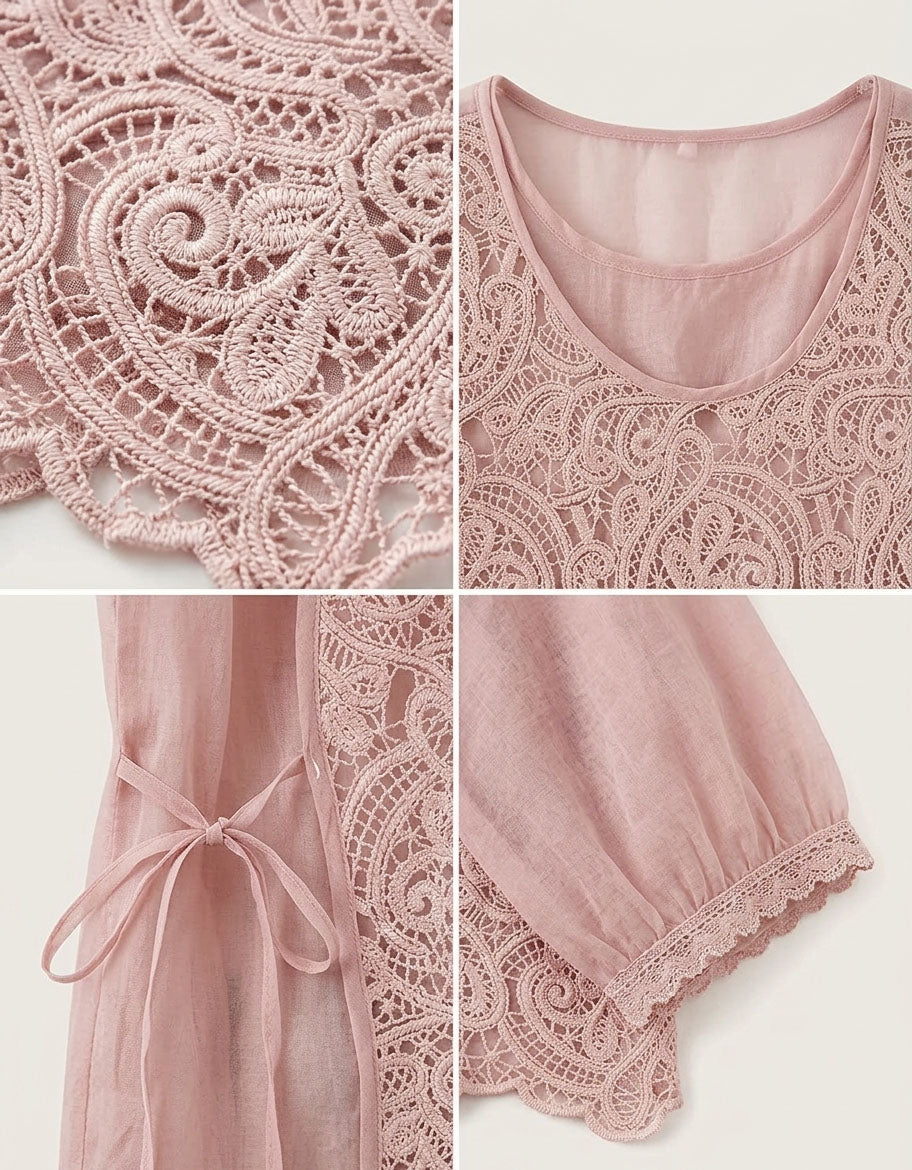 Women's Elegant White Lace Blouse – Floral Embroidery Cotton Linen Top | Relaxed Fit Vintage Style