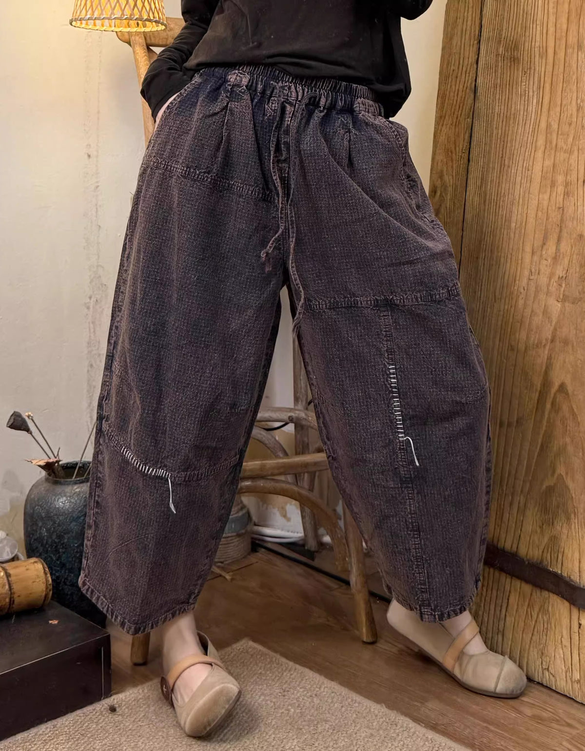 Women Summer Plaid Pattern Cotton Straight Pants