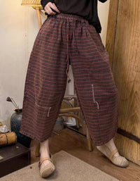 Women Summer Plaid Pattern Cotton Straight Pants