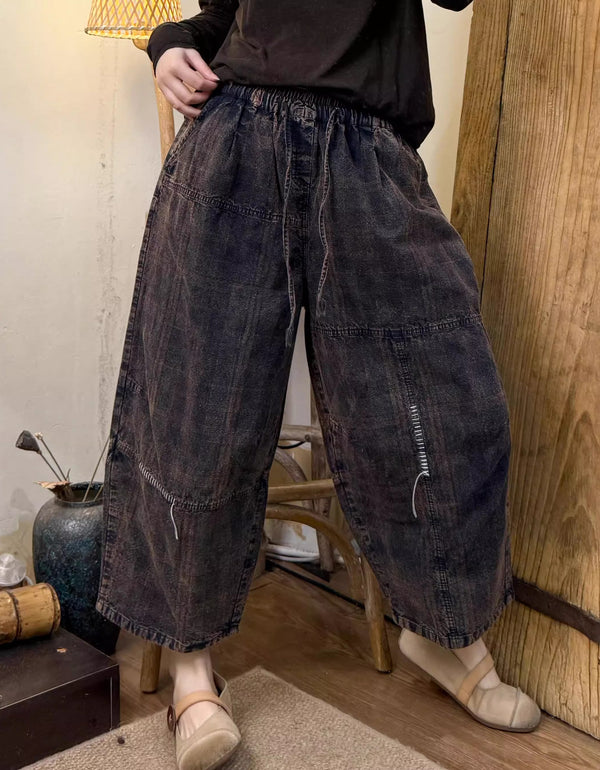 Women Summer Plaid Pattern Cotton Straight Pants