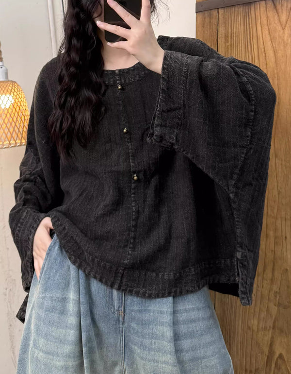 Women Summer Pure Color Round Neck Linen Shirt