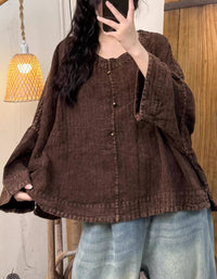 Women Summer Pure Color Round Neck Linen Shirt