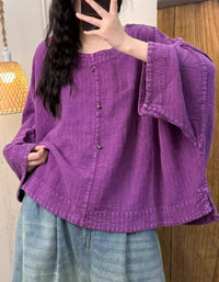 Women Summer Pure Color Round Neck Linen Shirt