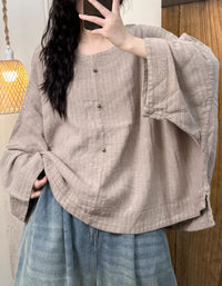 Women Summer Pure Color Round Neck Linen Shirt