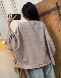 Women Summer Pure Color Round Neck Linen Shirt