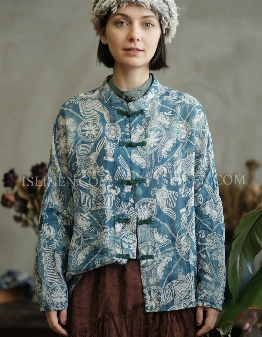 Women Vintage Chinese Print Frog Button Jacket