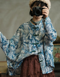 Mandarin collar ethnic print loose fit women jacket