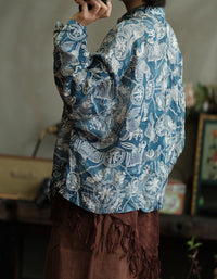 Loose fit mandarin collar vintage ethnic cardigan women