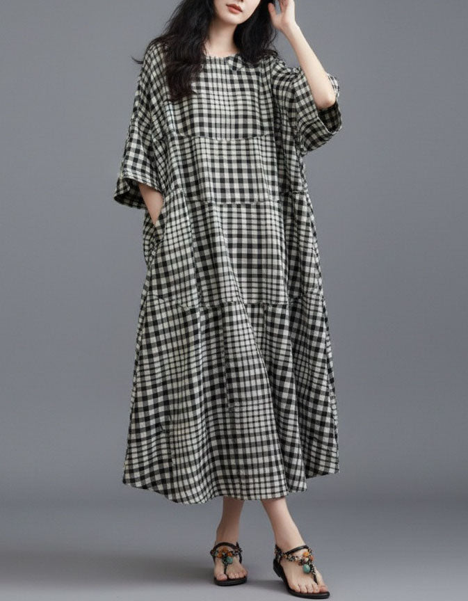 Casual Plaid Linen Blend Oversized Midi Dress