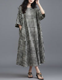 Casual Plaid Linen Blend Oversized Midi Dress