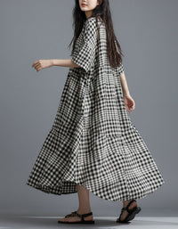 Women wearing oversized red plaid cotton maxi dress