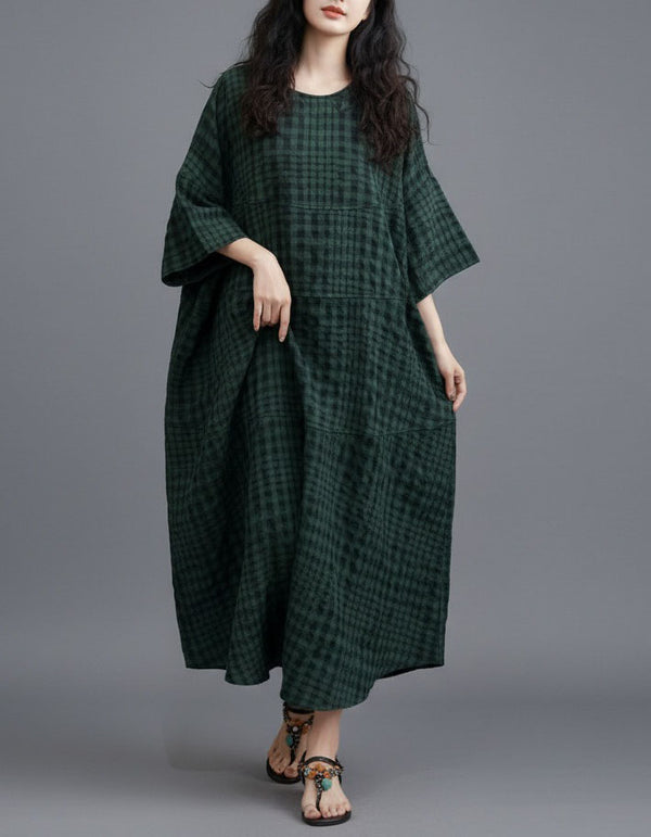 Vintage Red Check Loose Fit Boho Maxi Dress