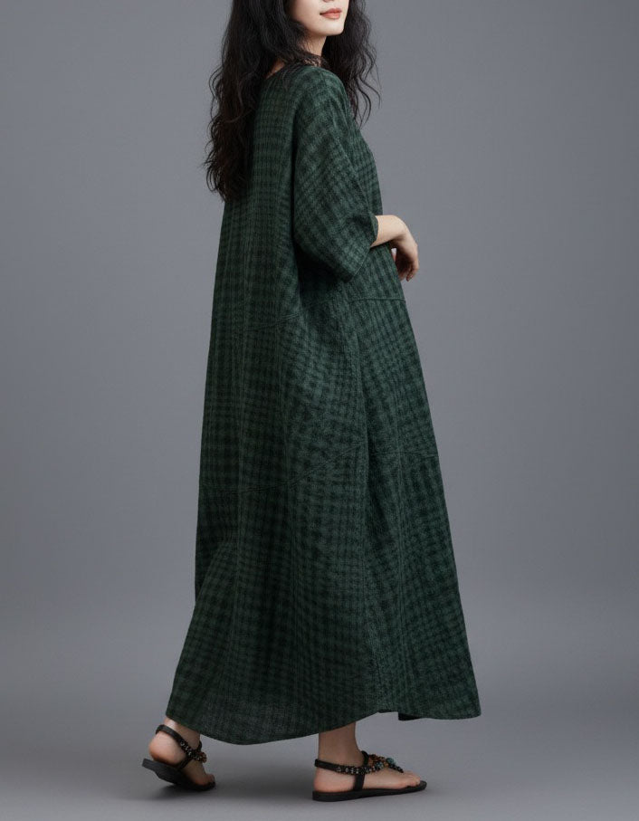 Vintage red check loose fit boho dress for women