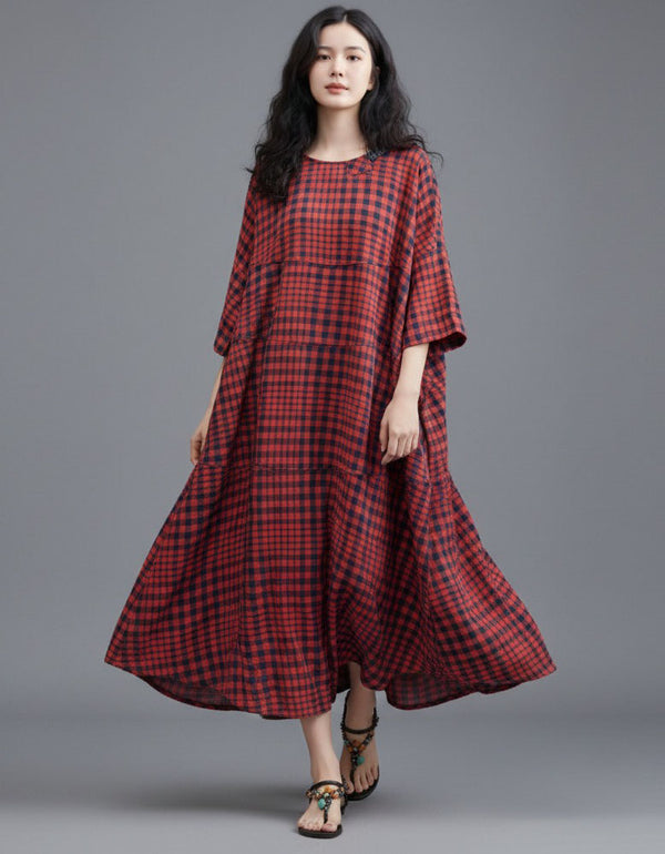 Women’s Red Plaid Oversized Cotton Maxi Dress