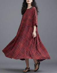 Retro Red Check Cotton Linen Long Dress