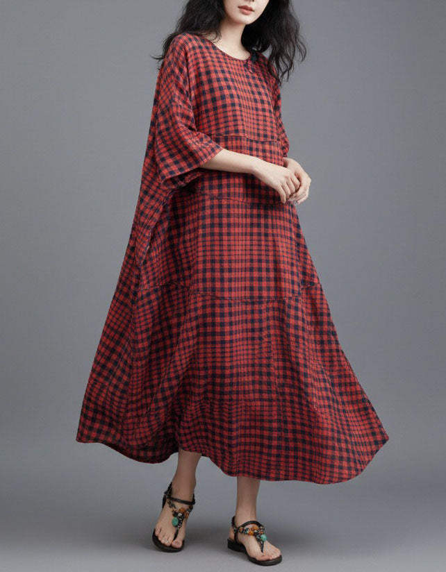 Women’s Bohemian Red Checked Flowy Dress