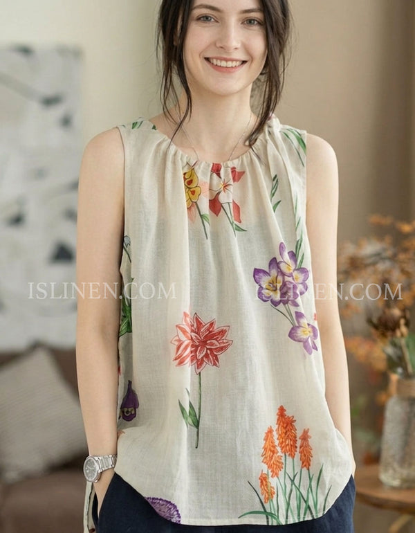 Women black floral sleeveless blouse loose fit boho style