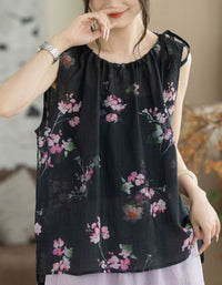 Black Floral Bohemian Sleeveless Blouse Women Casual