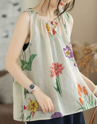 Boho Floral Print Sleeveless Top Women Casual Blouse