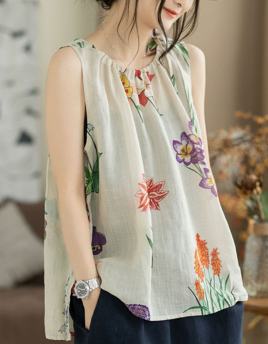 Women Vintage Floral Print Sleeveless Loose Fit Blouse
