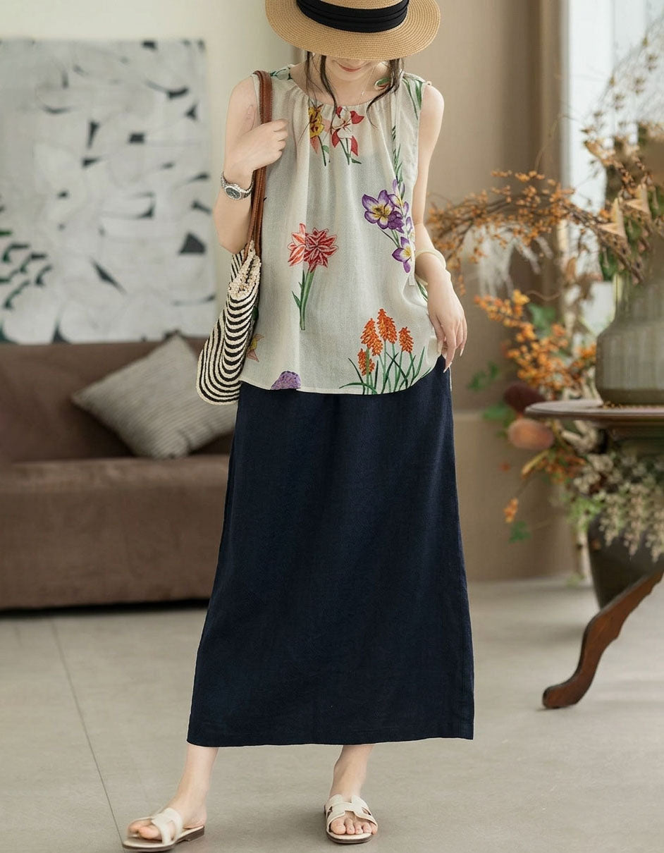Women wearing black floral boho sleeveless blouse for summer