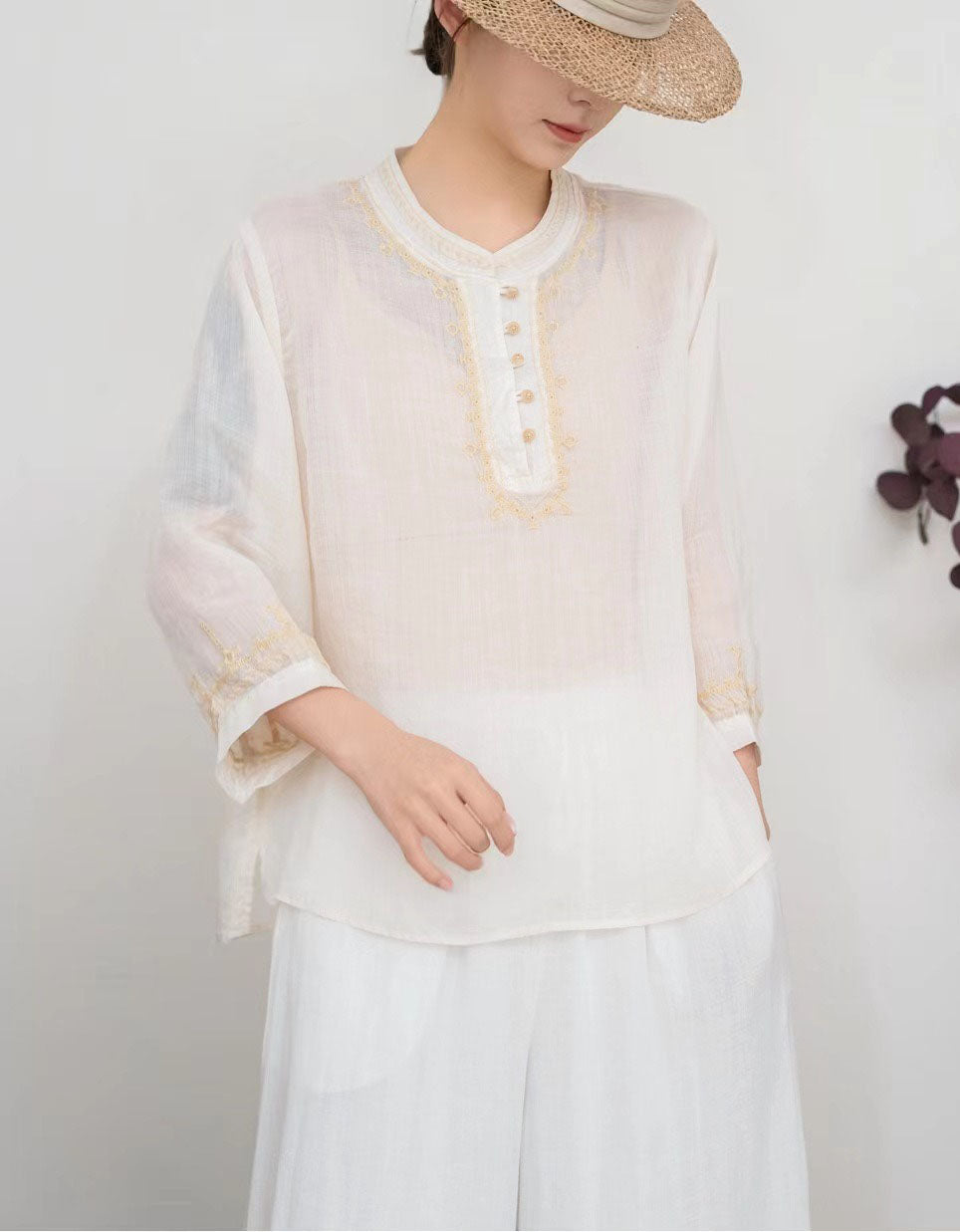 women navy linen embroidered blouse front view